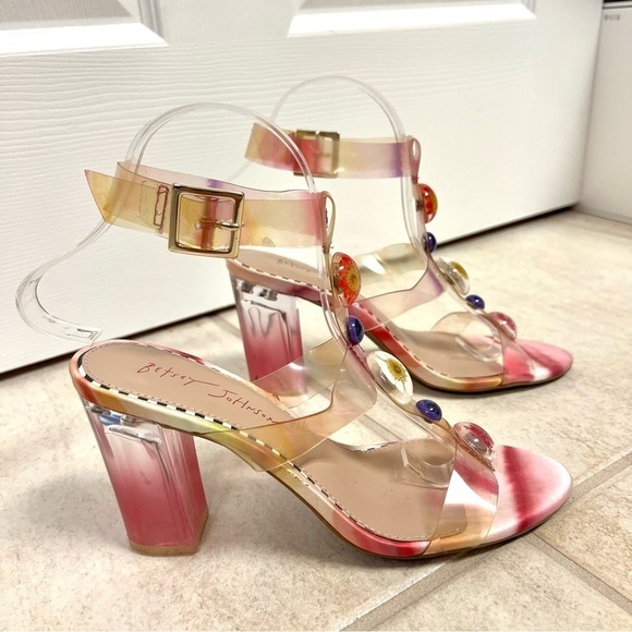 BETSY JOHNSON Floral Transparent Blocked Heels sandals womens size 7.5M romatic - Picture 3 of 10
